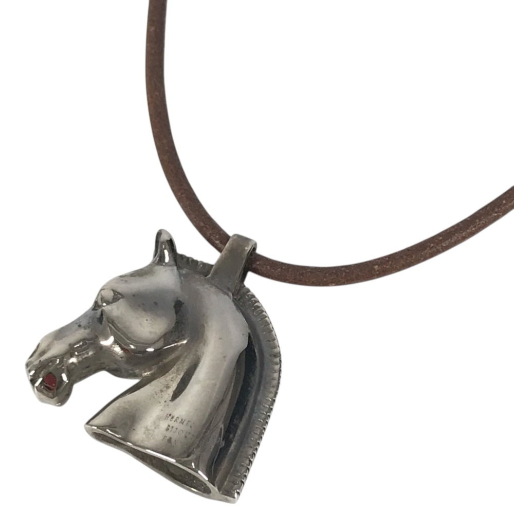 HERMES Cheval Horse Accessory Choker Leather Cord Necklace Metal Men's Women'...